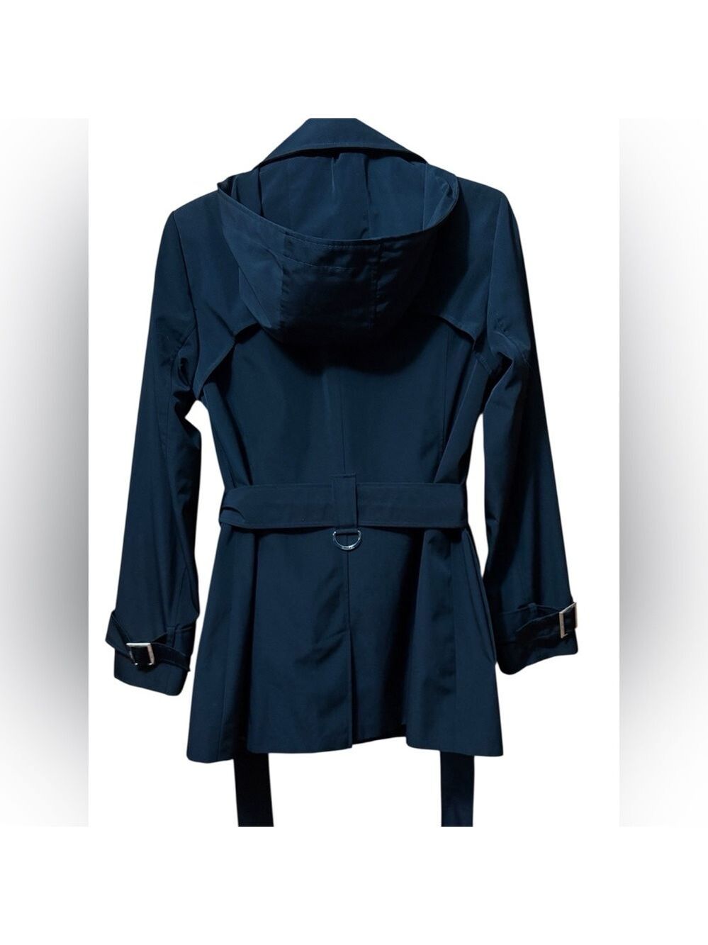 Calvin Klein-Classy black trench coat. Size small. Silver details/Hood. Like new - Picture 12 of 16